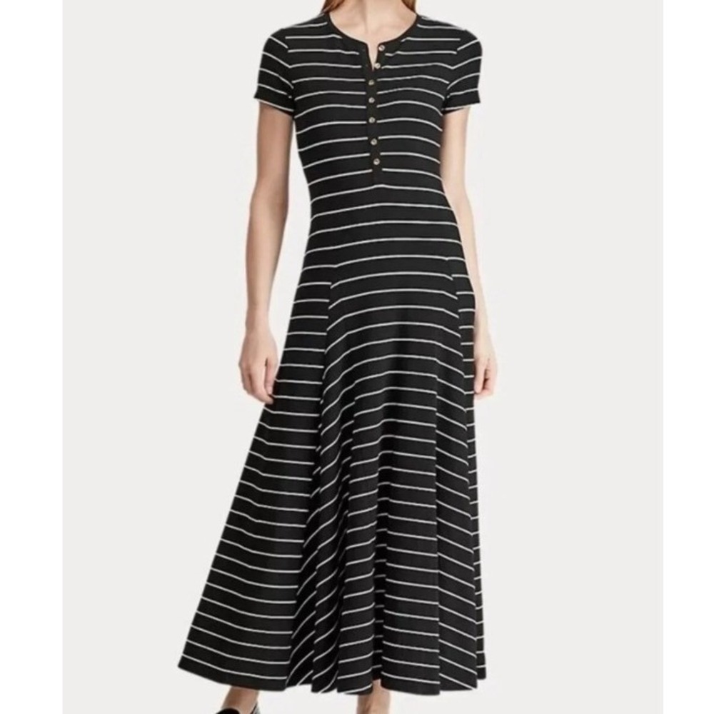 Lauren Ralph Lauren Womens Black White Striped Henley Maxi Dress Small Short Slv